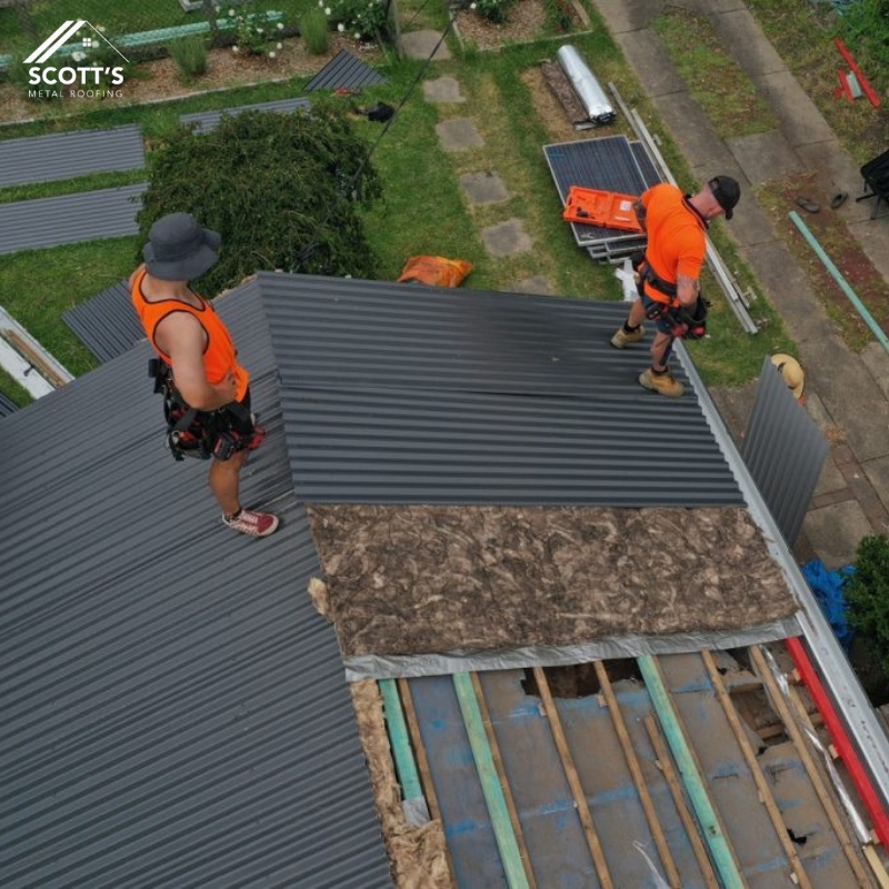 Two men installing metal fascia on a roof, demonstrating professional roofing services for metal roofs.